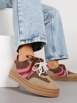 Brązowe Sneakersy w Stylu Tenisówek na Grubej Podeszwie z Tłoczeniem i Perłami Asortte be.sport