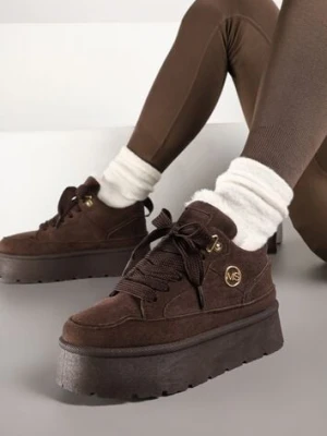 Brązowe Sneakersy z Ekozamszu na Grubej Podeszwie Wyściełane Futerkiem Senavel
