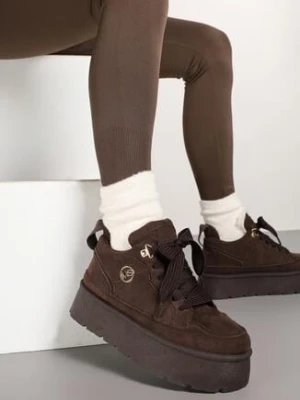 Brązowe Sneakersy z Imitacji Zamszu na Platformie Ocieplane Futrem Sennalia