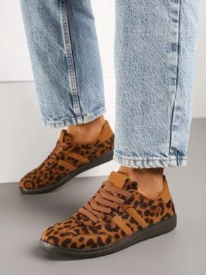Brązowe Sneakersy z Imitacji Zamszu w Panterkę na Płaskiej Podeszwie Memeriana
