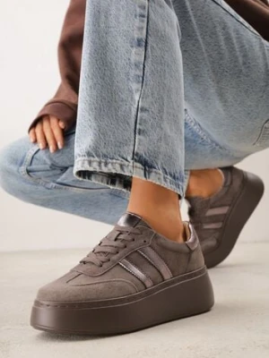 Brązowe Sneakersy z Zamszu Naturalnego na Platformie ze Skórzaną Wkładką Rionelle goodin