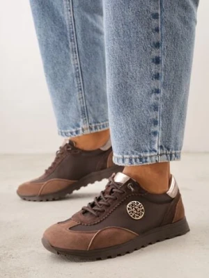 Brązowe Sneakersy ze Skóry Naturalnej Ozdobione Metaliczną Aplikacją Tidina goodin
