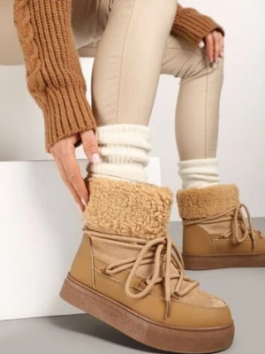 Brązowe Śniegowce Futerkowe na Platformie ze Sznurowaną Cholewką Izalithia