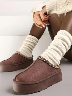 Brązowe Śniegowce na Grubej Podeszwie Niską Cholewką i Haftem Reamelia