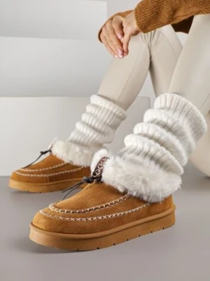 Brązowe Śniegowce na Platformie Ozdobione Haftem i Futerkiem Linedis kafeini