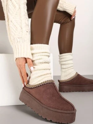 Brązowe Śniegowce na Platformie Ozdobione Haftem i Niską Cholewką Reanessa