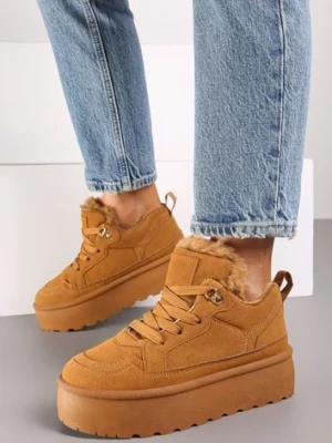 Brązowe Sneakersy Stylizowane na Śniegowce Ozdobione Futerkiem Maviena