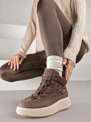 Brązowe Śniegowce Traperki Vices na Platformie z Tłoczeniem Ozdobione Przeszyciami Lerriva