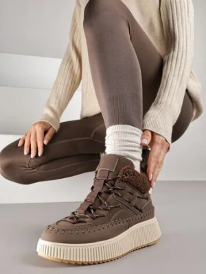 Brązowe Śniegowce Traperki Vices na Platformie z Tłoczeniem Ozdobione Przeszyciami Lerriva