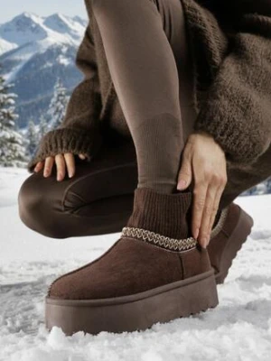 Brązowe Śniegowce VICES na Grubej Podeszwie z Haftem i Skarpetkową Cholewką Enantia