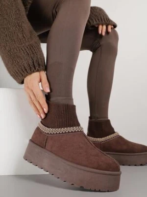 Brązowe Śniegowce VICES na Grubej Podeszwie z Haftem i Skarpetkową Cholewką Enantia