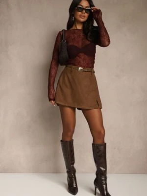 Brązowe Spódnico-Szorty High Waist z Ozdobnym Paskiem Korelea elsa.m by may