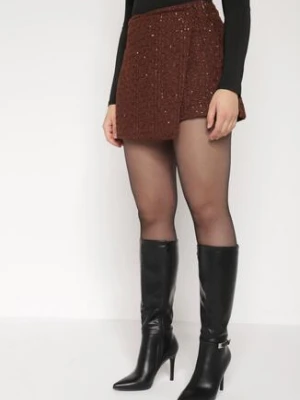Brązowe Spódnico-Szorty z Wełną i Cekinami Fedara