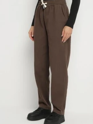 Brązowe Spodnie Bawełniane w Stylu Mom Fit ze Sznurkiem Adenelle