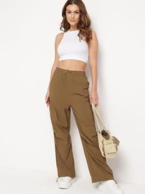 Brązowe Spodnie Bojówki z Wysokim Stanem z Gumką w Pasie z Kieszeniami Biorella h&s