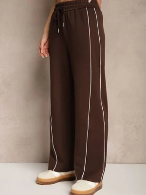 Brązowe Spodnie Dresowe z Bawełną o Szerokim Kroju High Waist z Paskami Salliara