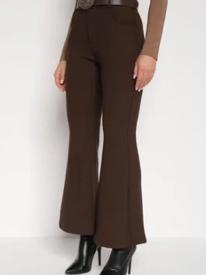 Brązowe Spodnie Dzwony z Bawełny i Wiskozy z Kowbojskim Paskiem Tushella