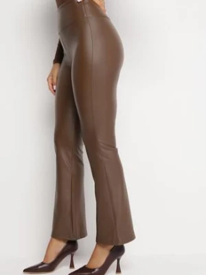 Brązowe Spodnie Dzwony z Gumką w Pasie z Ekoskóry Arkani defox
