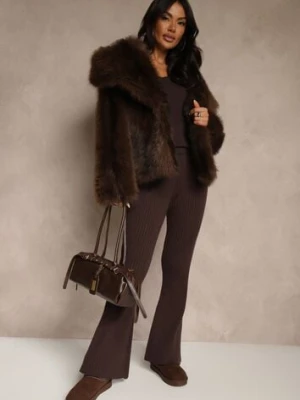 Brązowe Spodnie Dzwony z Wiskozą High Waist Tusrima