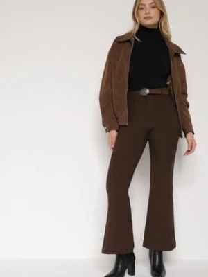 Brązowe Spodnie Dzwony z Wiskozy z Bawełną z Wysokim Stanem Ozdobione Paskiem Liadona
