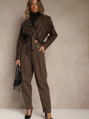 Brązowe Spodnie High Waist z Bawełny o Szerokim Kroju Nalitia