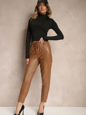 Brązowe Spodnie High Waist z Ekoskóry w Gumką w Talii Esaleira defox