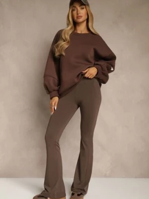 Brązowe Spodnie High Waist z Elastycznego Materiału z Gumką w Talii Dorra