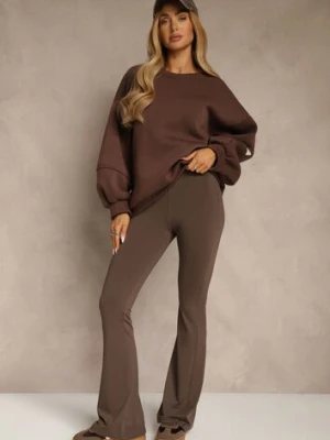 Brązowe Spodnie High Waist z Elastycznego Materiału z Gumką w Talii Dorra