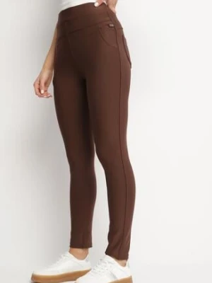 Brązowe Spodnie o Dopasowanym Kroju z Gumką w Talii i Wysokim Stanem Selbia yu & me