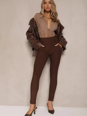 Brązowe Spodnie o Fasonie Skinny z Gumką w Pasie i Kieszeniami Rizeena yu & me