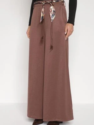 Brązowe Spodnie o Szerokim Kroju Ozdobione Paskiem Tusrina