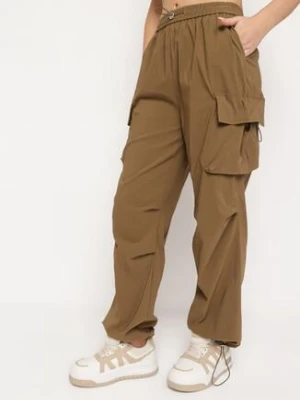 Brązowe Spodnie Typu Bojówki z Gumką w Pasie i Ściągaczami przy Nogawkach Bioliana h&s