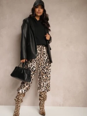 Brązowe Spodnie Typu Palazzo z Jedwabiem z Gumką w Talii o Zwierzęcym Wzorze Elanea rosa