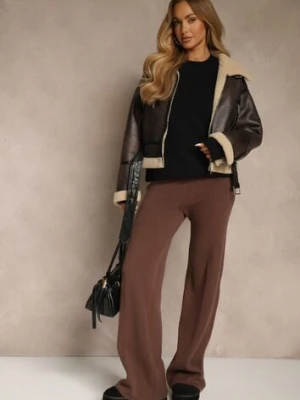 Brązowe Spodnie Wide Leg High Waist z Dodatkiem Kaszmiru Nevalla