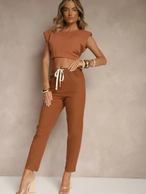 Brązowe Spodnie z Bawełny z Ozdobnym Wiązaniem Siltebia h&s