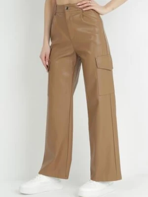 Brązowe Spodnie z Imitacji Skóry z Wysokim Stanem i Szeroką Nogawką Charissa elsa.m by may