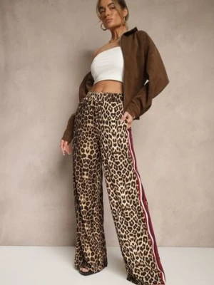 Brązowe Spodnie z Wiskozą High Waist o Szerokim Kroju z Lampasami Elosina by swan