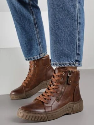 Brązowe Sportowe Botki ze Sznurowaną Cholewką i Ozdobnym Suwakiem Ezilare