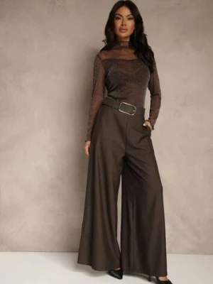 Brązowe Szerokie Garniturowe Spodnie z Bawełny High Waist Ozdobione Paskiem Tusneva