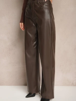 Brązowe Szerokie Spodnie High Waist z Imitacji Skóry Enawinn Daysie