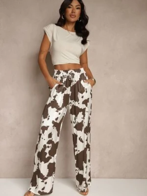 Brązowe Szerokie Spodnie High Waist z Wiskozy w Print w Krowie Łaty Nelianta