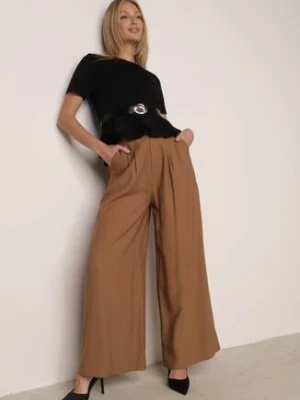 Brązowe Szerokie Spodnie Wiskozowe w Garniturowym Stylu z Paskiem Qera