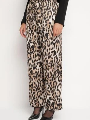 Brązowe Szerokie Spodnie z Jedwabiem z Gumką w Pasie w Panterkę Dranea rosa