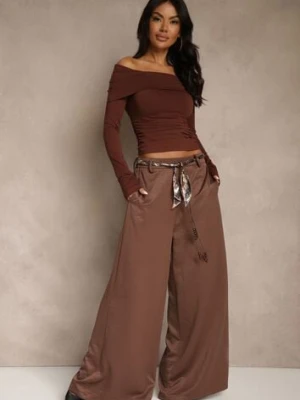 Brązowe Szerokie Spodnie z Paskiem w Stylu Wstążki Tussema