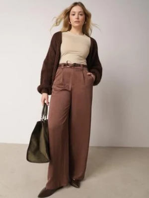 Brązowe Szerokie Spodnie z Wysokim Stanem z Domieszką Bawełny i Geometryczną Klamrą Syliteia
