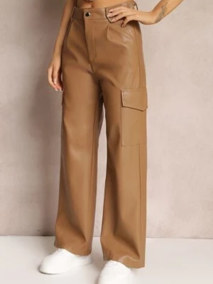 Brązowe Szerokie Spodnie z Wysokim Stanem z Imitacji Skóry Alymia elsa.m by may