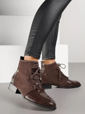 Brązowe Sznurowane Botki do Kostki Vices Zdobione Tłoczeniem Skóry Węża Wedvire