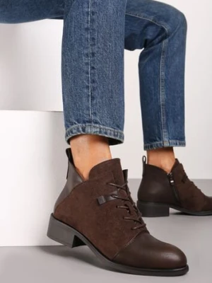 Brązowe Sznurowane Botki na Płaskiej Podeszwie Ozdobione Rivianne