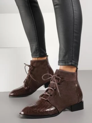 Brązowe Sznurowane Botki Vices do Kostki z Wężowym Tłoczeniem Wodvira