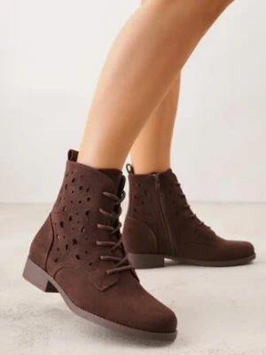 Brązowe Sznurowane Botki z Ażurową Cholewką Zeliana gogo gogo
